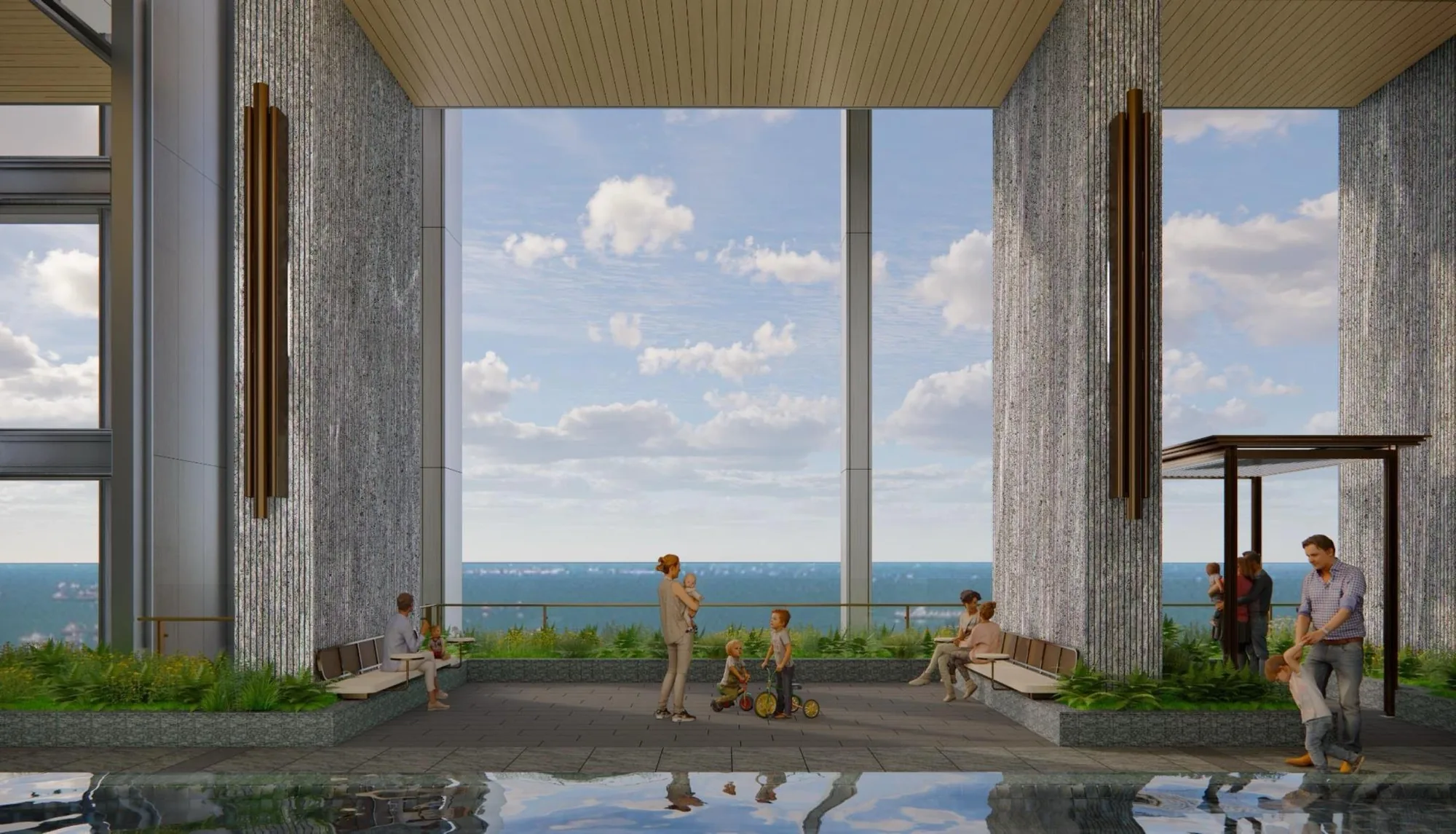 W Residences Marina View, artist&rsquo;s impression: the Aqua Maze children&rsquo;s water play area on Level 15, a shallow pool under a timber pergola open to the sea view