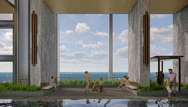W Residences Marina View, artist’s impression: the Aqua Maze children’s water play area on Level 15, a shallow pool under a timber pergola open to the sea view