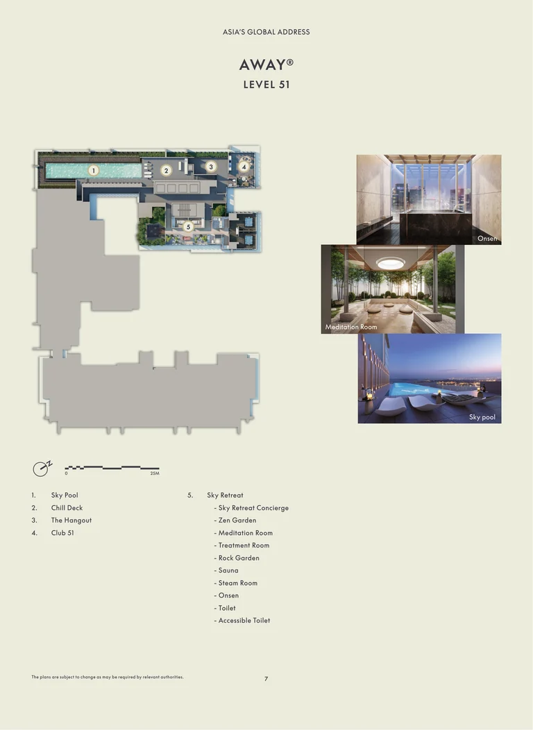 W Residences Marina View Level 51 AWAY plan (developer drawing): the Sky Pool, Chill Deck, The Hangout, Club 51 and the Sky Retreat spa, with the numbered key