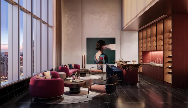 W Residences Marina View, artist&rsquo;s impression: Cellar@34, a wine lounge with crimson armchairs, a lit wine wall and floor-to-ceiling windows over the city