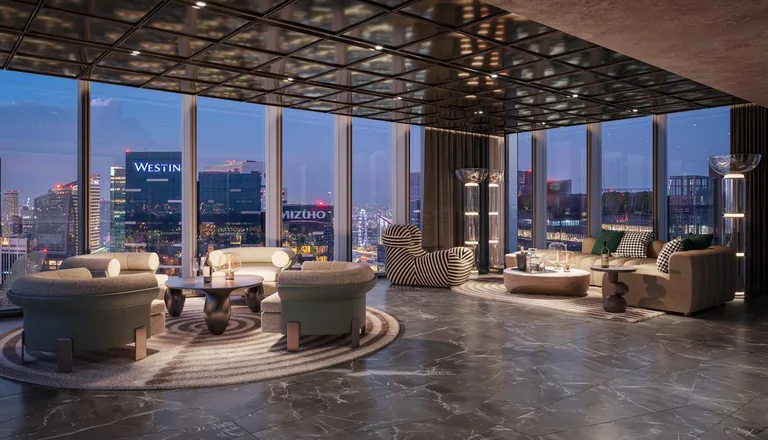 W Residences Marina View, artist&rsquo;s impression: Club 51, the sky club on the top floor, with lounge seating under a dark coffered ceiling and the lit city all round