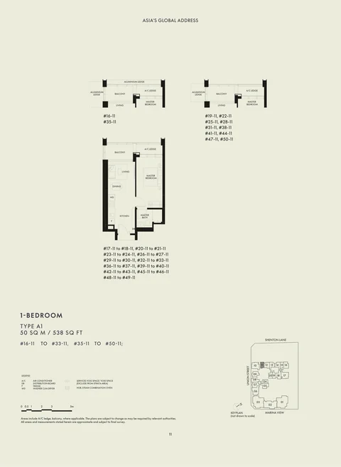 W Residences Marina View floor plan, Type A1: 1 bedroom, 50 sq m (538 sq ft), 34 homes in stack 11: #16-11 to #33-11 and #35-11 to #50-11 (developer drawing with key plan)