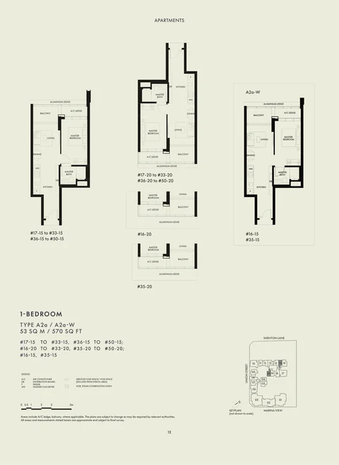 W Residences Marina View floor plan, Type A2a / A2a-W: 1 bedroom, 53 sq m (570 sq ft), 68 homes in stacks 15 and 20, levels 16 to 50 (A2a-W at #16-15 and #35-15) (developer drawing with key plan)