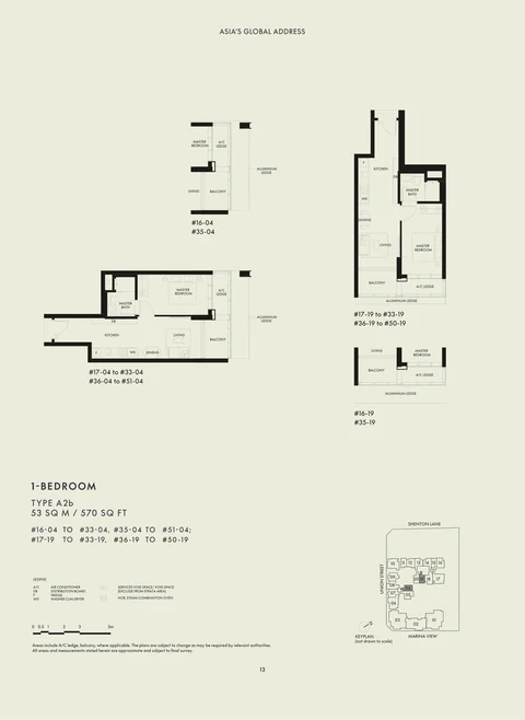 W Residences Marina View floor plan, Type A2b: 1 bedroom, 53 sq m (570 sq ft), 69 homes in stacks 04 (levels 16 to 51) and 19 (levels 16 to 50) (developer drawing with key plan)