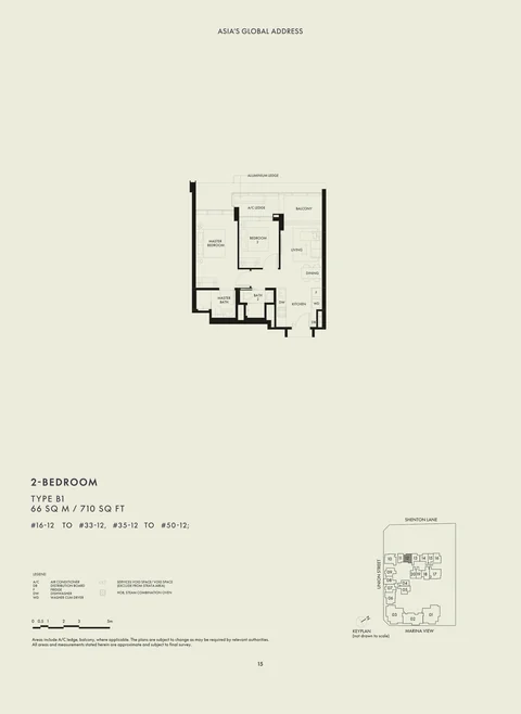 W Residences Marina View floor plan, Type B1: 2 bedrooms, 66 sq m (710 sq ft), 34 homes in stack 12: #16-12 to #33-12 and #35-12 to #50-12 (developer drawing with key plan)