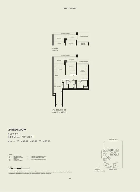 W Residences Marina View floor plan, Type B2a: 2 bedrooms, 66 sq m (710 sq ft), 34 homes in stack 13: #16-13 to #33-13 and #35-13 to #50-13 (developer drawing with key plan)