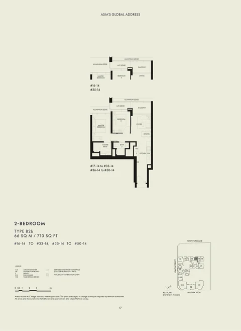 W Residences Marina View floor plan, Type B2b: 2 bedrooms, 66 sq m (710 sq ft), 34 homes in stack 14: #16-14 to #33-14 and #35-14 to #50-14 (developer drawing with key plan)
