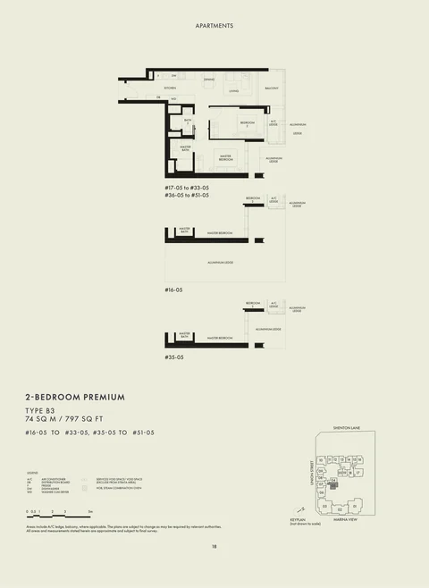 W Residences Marina View floor plan, Type B3: 2 bedrooms Premium, 74 sq m (797 sq ft), 35 homes in stack 05: #16-05 to #33-05 and #35-05 to #51-05 (developer drawing with key plan)