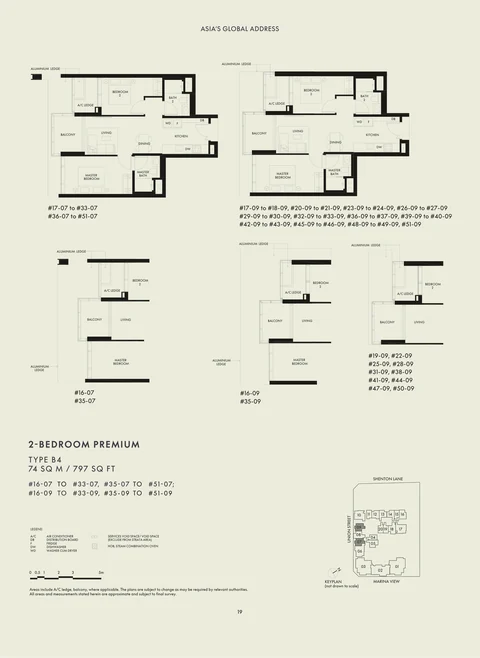 W Residences Marina View floor plan, Type B4: 2 bedrooms Premium, 74 sq m (797 sq ft), 70 homes in stacks 07 and 09, levels 16 to 51 (developer drawing with key plan)
