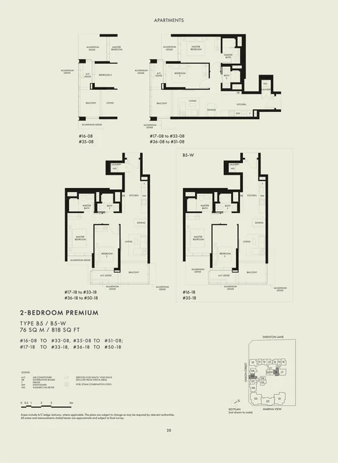 W Residences Marina View floor plan, Type B5 / B5-W: 2 bedrooms Premium, 76 sq m (818 sq ft), 69 homes in stacks 08 (levels 16 to 51) and 18 (levels 16 to 50; B5-W at #16-18 and #35-18) (developer drawing with key plan)