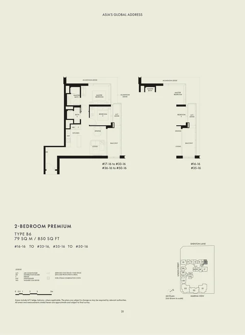 W Residences Marina View floor plan, Type B6: 2 bedrooms Premium, 79 sq m (850 sq ft), 34 homes in stack 16: #16-16 to #33-16 and #35-16 to #50-16 (developer drawing with key plan)
