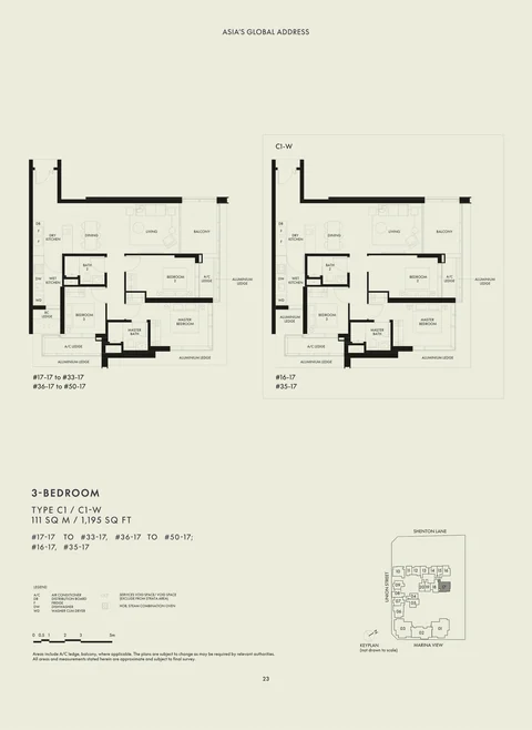 W Residences Marina View floor plan, Type C1 / C1-W: 3 bedrooms, 111 sq m (1,195 sq ft), 34 homes in stack 17, levels 16 to 50 (C1-W at #16-17 and #35-17) (developer drawing with key plan)