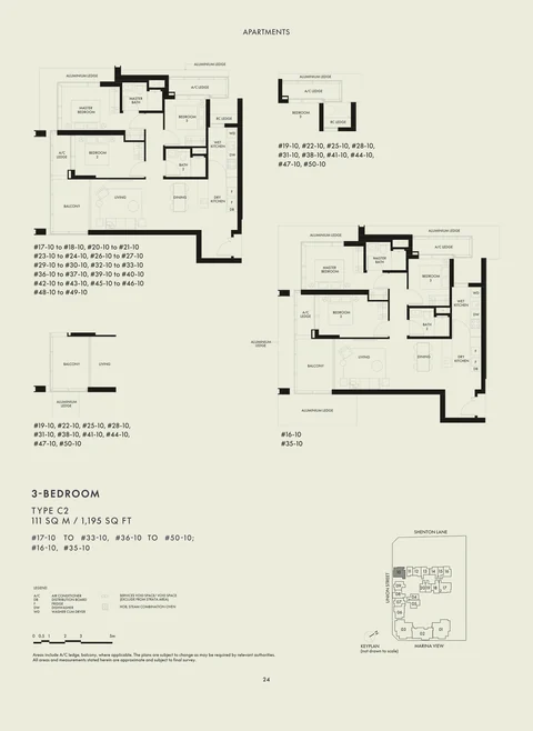 W Residences Marina View floor plan, Type C2: 3 bedrooms, 111 sq m (1,195 sq ft), 34 homes in stack 10: #16-10 to #33-10 and #35-10 to #50-10 (developer drawing with key plan)