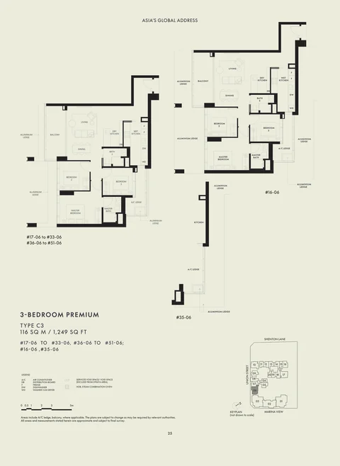 W Residences Marina View floor plan, Type C3: 3 bedrooms Premium, 116 sq m (1,249 sq ft), 35 homes in stack 06: #16-06 to #33-06 and #35-06 to #51-06 (developer drawing with key plan)