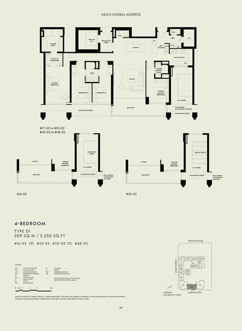 W Residences Marina View floor plan, Type D1: 4 bedrooms, Signature Collection, 209 sq m (2,250 sq ft), 32 homes in stack 02: #16-02 to #33-02 and #35-02 to #48-02 (developer drawing with key plan)