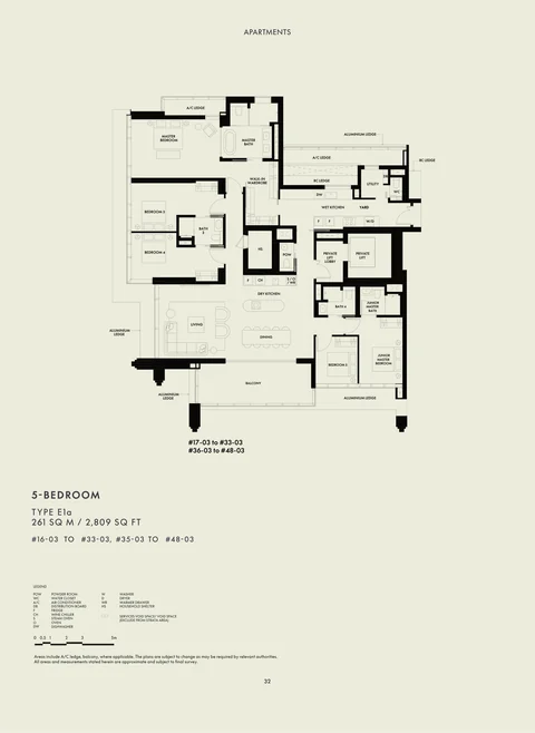 W Residences Marina View floor plan, Type E1a: 5 bedrooms, Signature Collection, 261 sq m (2,809 sq ft), 32 homes in stack 03: #16-03 to #33-03 and #35-03 to #48-03 (developer drawing with key plan)