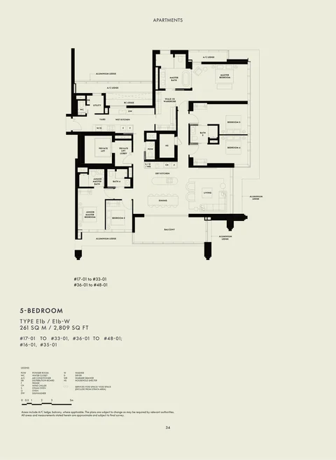 W Residences Marina View floor plan, Type E1b / E1b-W: 5 bedrooms, Signature Collection, 261 sq m (2,809 sq ft), 32 homes in stack 01, levels 16 to 48 (E1b-W at #16-01 and #35-01) (developer drawing with key plan)