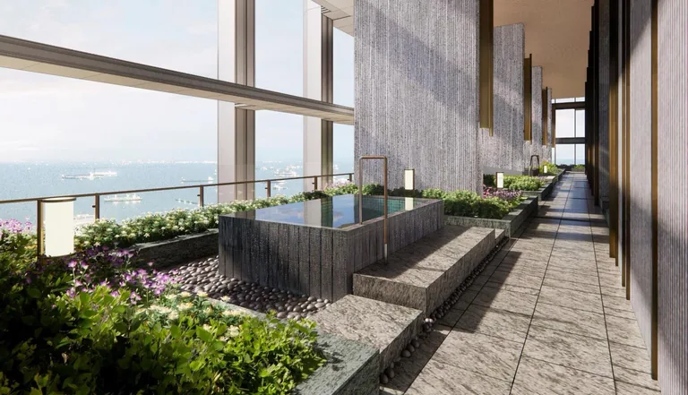 W Residences Marina View, artist’s impression: the hydrotherapy pods on Level 15, two stone tubs set in planting along a terrace that looks out to sea