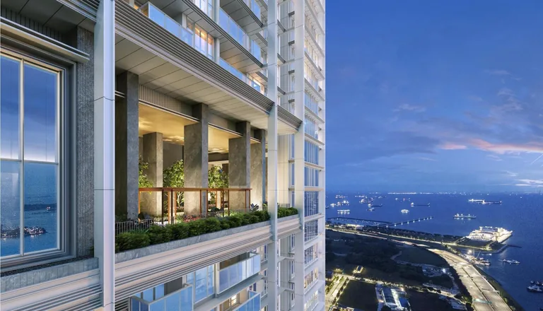 W Residences Marina View, artist&rsquo;s impression: the Level 34 sky terrace, a planted ledge on the tower looking over the harbour and the city lights at dusk