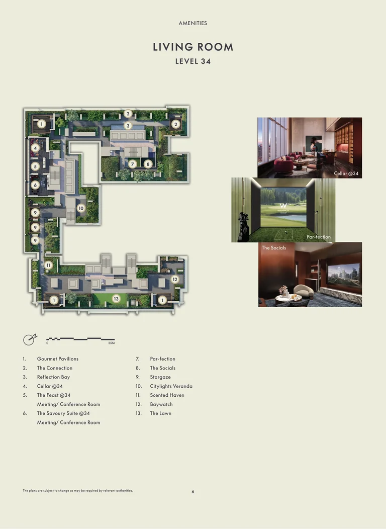 W Residences Marina View Level 34 LIVING ROOM plan (developer drawing): the gourmet pavilions, Cellar@34, The Feast@34, The Savoury Suite@34 and the golf simulator, with the numbered key