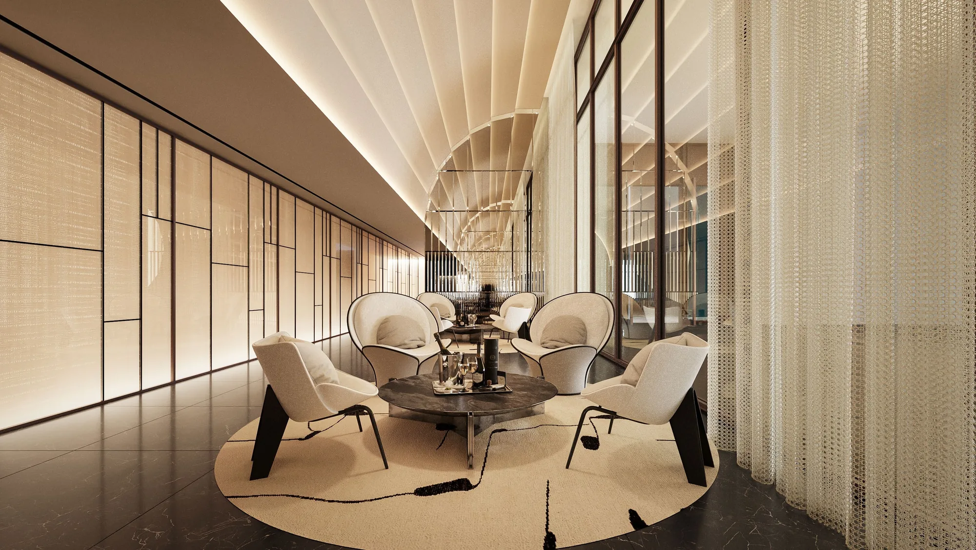 W Residences Marina View, artist’s impression: a lounge with sculptural armchairs on a round rug, fluted wall panels and a beaded screen, in a design by Hachem