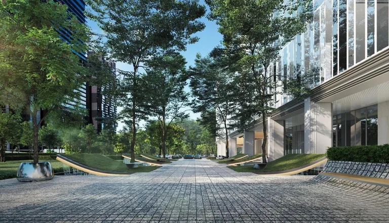 W Residences Marina View, artist&rsquo;s impression: the ground-level pedestrian mall, a paved walk shaded by tall trees with sculptural planters beside the tower