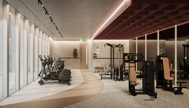 W Residences Marina View, artist’s impression: the Pulse Studio gym on Level 15, with weight stations and cardio machines along a curved floor under a timber ceiling