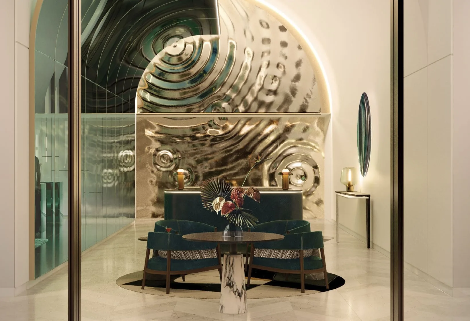 W Residences Marina View, artist’s impression: the residents’ reception lobby, a seating niche set against a sculpted silver wall of concentric curves