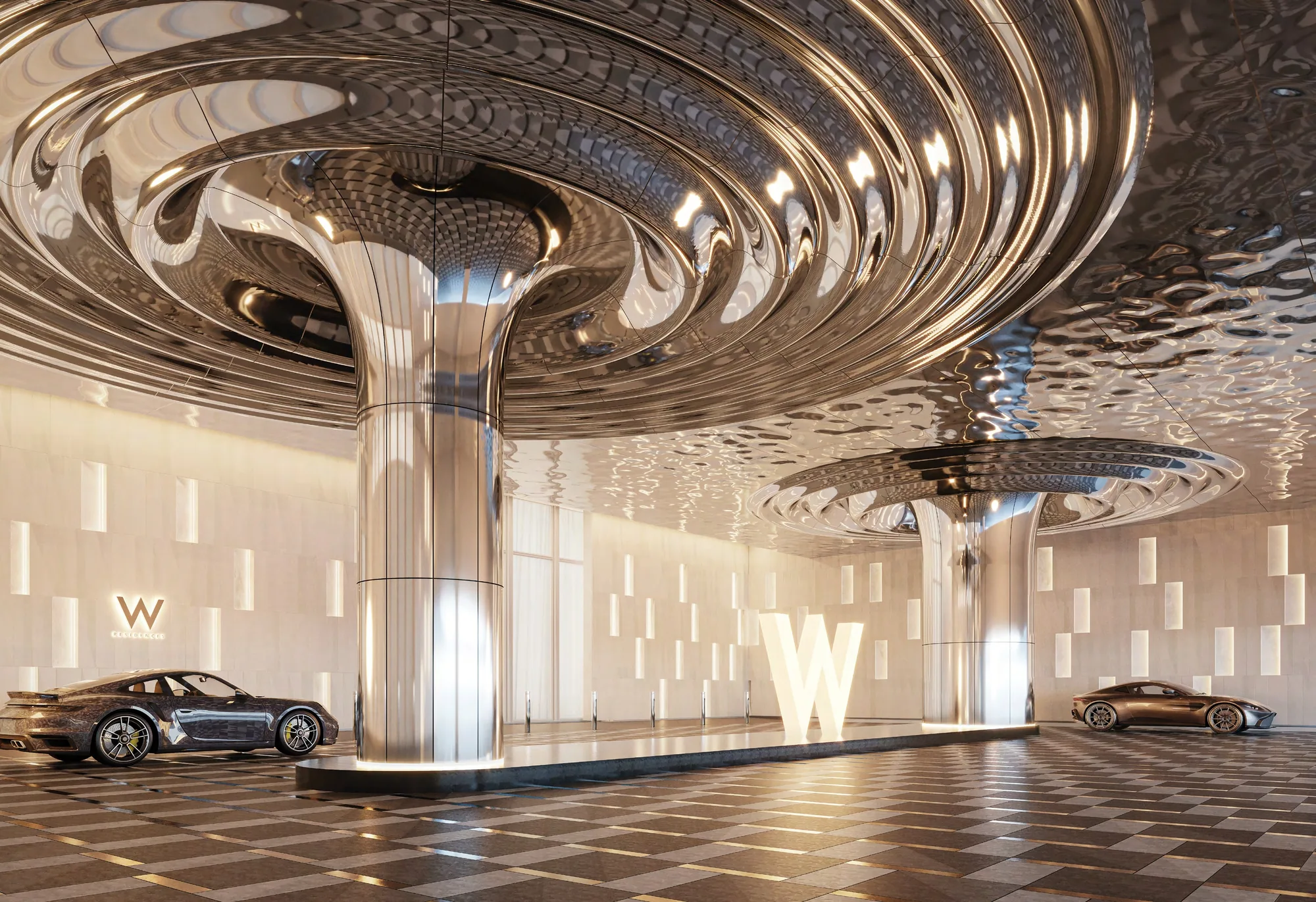 W Residences Marina View, artist&rsquo;s impression: the Level 4 residential drop-off, with mirrored columns flaring into a rippled silver ceiling and a large W at the arrival court