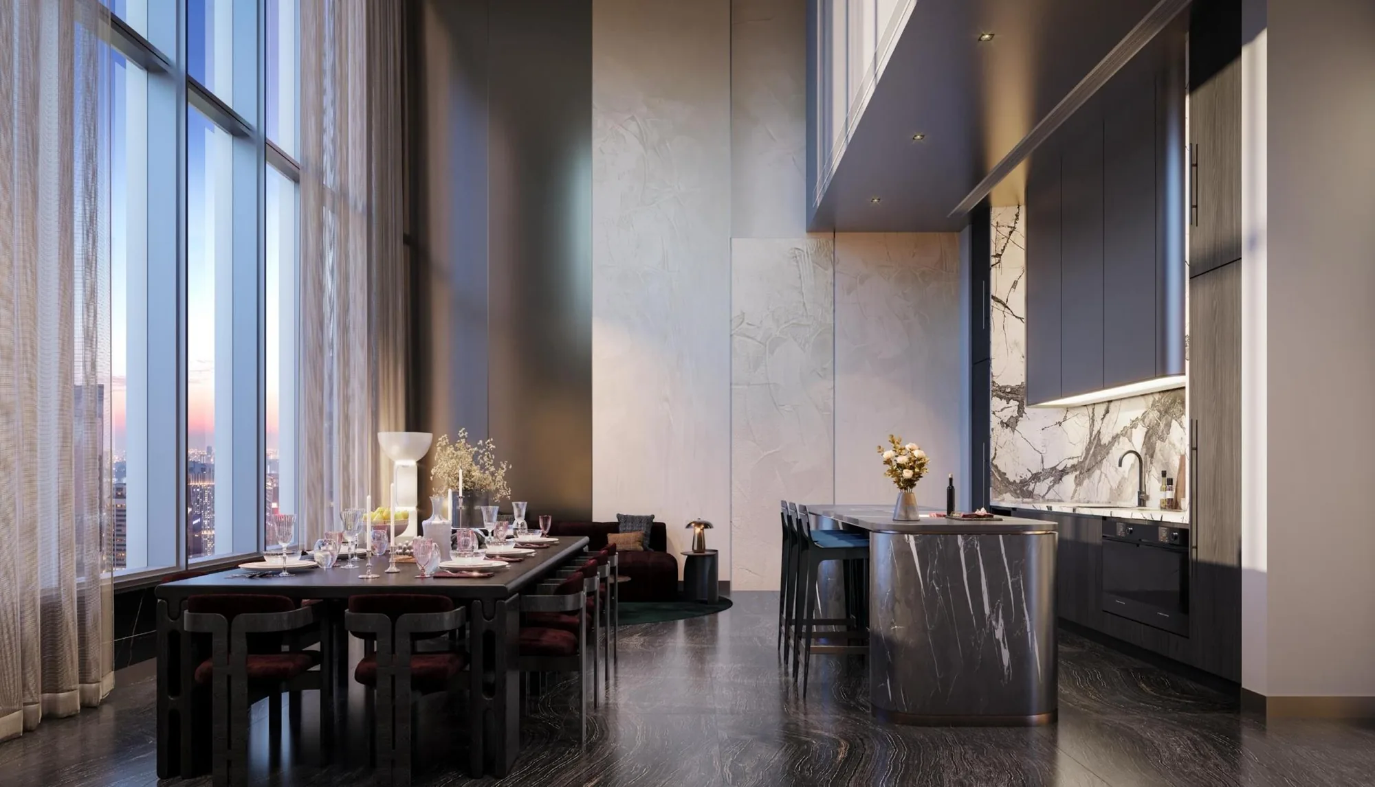 W Residences Marina View, artist’s impression: The Savoury Suite@34, a private dining room with a long dark table, a marble bar and full-height windows