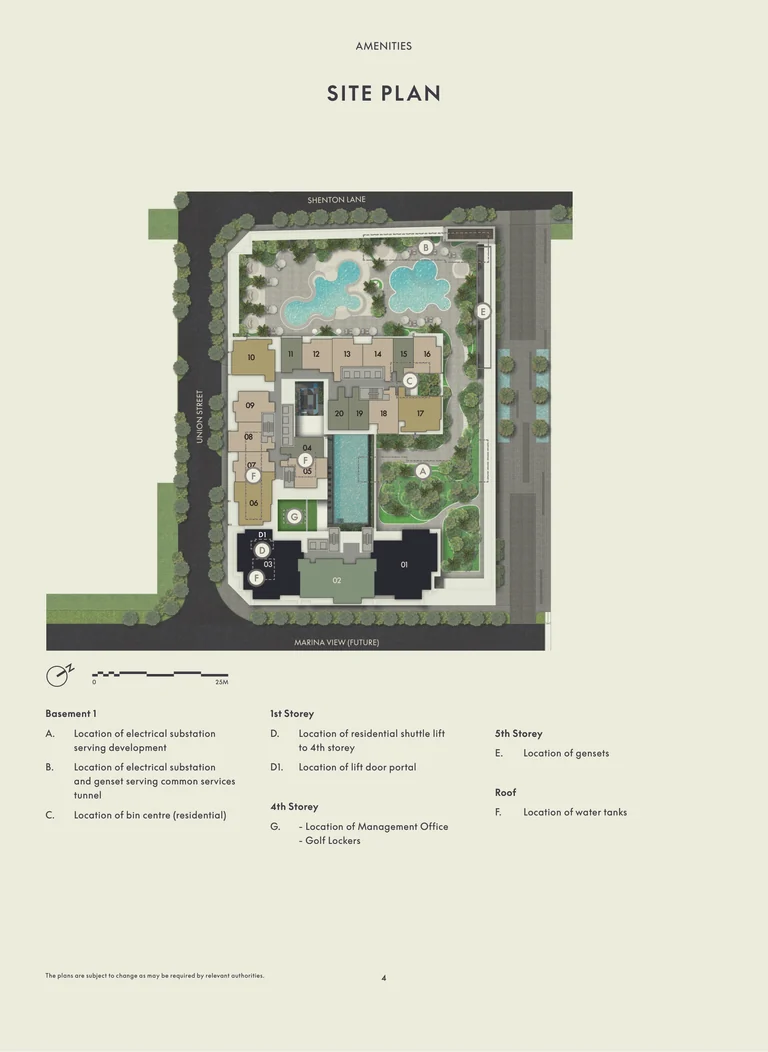W Residences Marina View site plan (developer drawing): the tower between Marina View, Union Street and Shenton Lane, with the garden and pools of the ground level and the services key