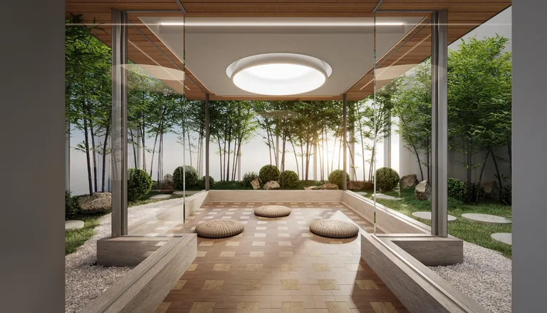 W Residences Marina View, artist’s impression: the Level 51 Sky Retreat meditation room, floor cushions on pale stone around a bamboo garden under a round skylight