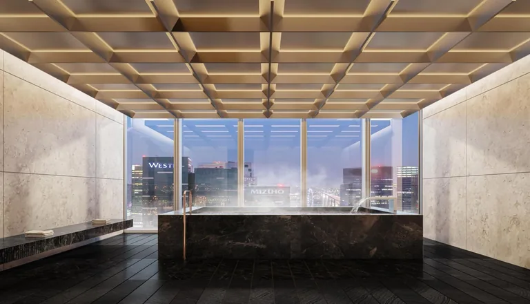 W Residences Marina View, artist’s impression: the Level 51 onsen, a steaming dark stone bath under a coffered timber ceiling, with the city through the glass