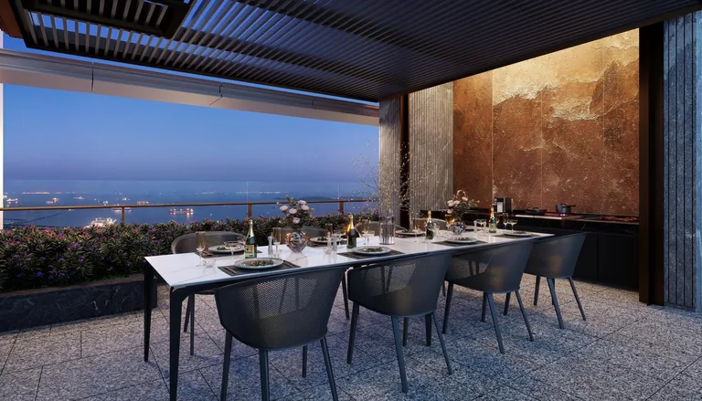 W Residences Marina View, artist&rsquo;s impression: The Feast@34, an outdoor dining terrace with a long table under a pergola and a view across the harbour