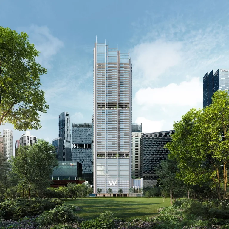 W Residences Marina View, artist&rsquo;s impression: the tower seen from a green lawn framed by trees, its vertical fins rising to the crown under a blue sky