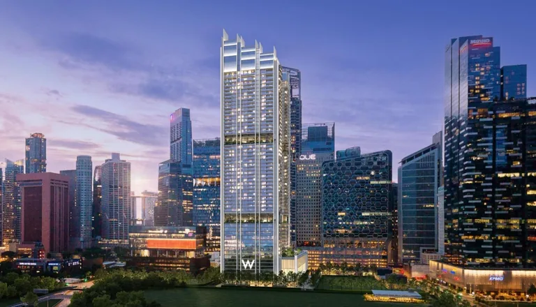 W Residences Marina View, artist&rsquo;s impression: the tower at twilight with its lit crown, rising between the office towers of Shenton Way and Marina Bay