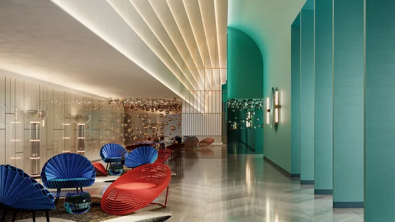 W Residences Marina View, artist&rsquo;s impression: the VIP lounge, a long room with fluted ceiling, teal arched alcoves and red and blue sculptural chairs