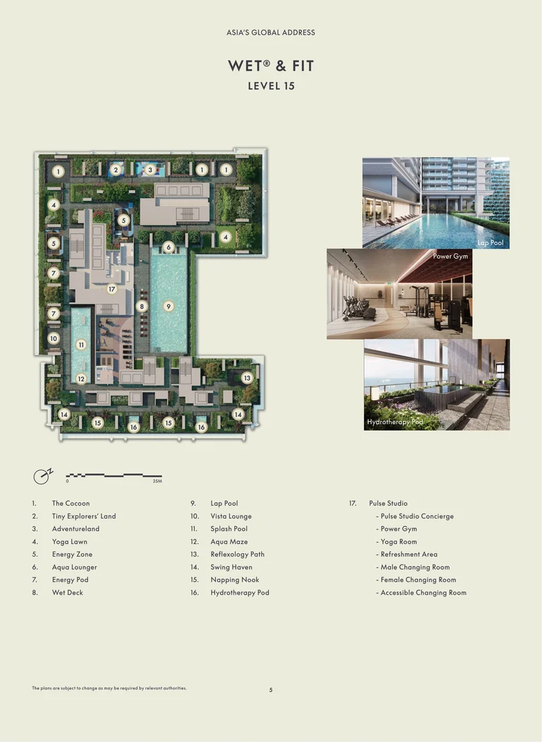 W Residences Marina View Level 15 WET &amp; FIT plan (developer drawing): the lap pool, splash pool, play gardens and the Pulse Studio, with the numbered key